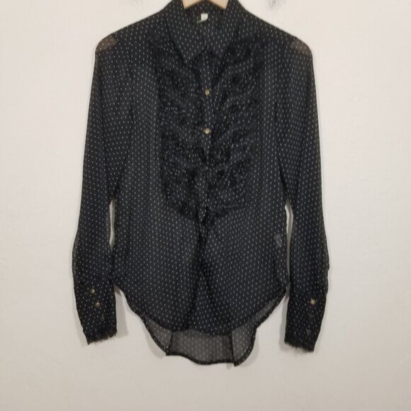 Free People Sheer Polka Dots Long Sleeve Button Up Shirt Top Blouse Black Size S - Picture 1 of 6